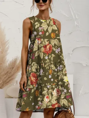 FAM-FAM Tiered Printed Round Neck Sleeveless Dress (4 Color Styles)