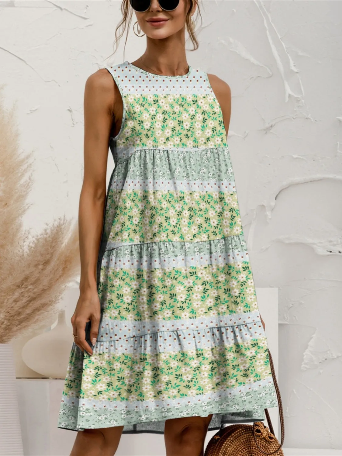 FAM-FAM Tiered Printed Round Neck Sleeveless Dress (4 Color Styles)