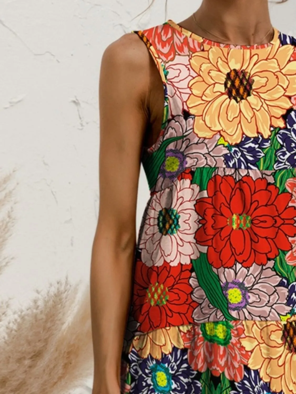 FAM-FAM Tiered Printed Round Neck Sleeveless Dress (4 Color Styles)