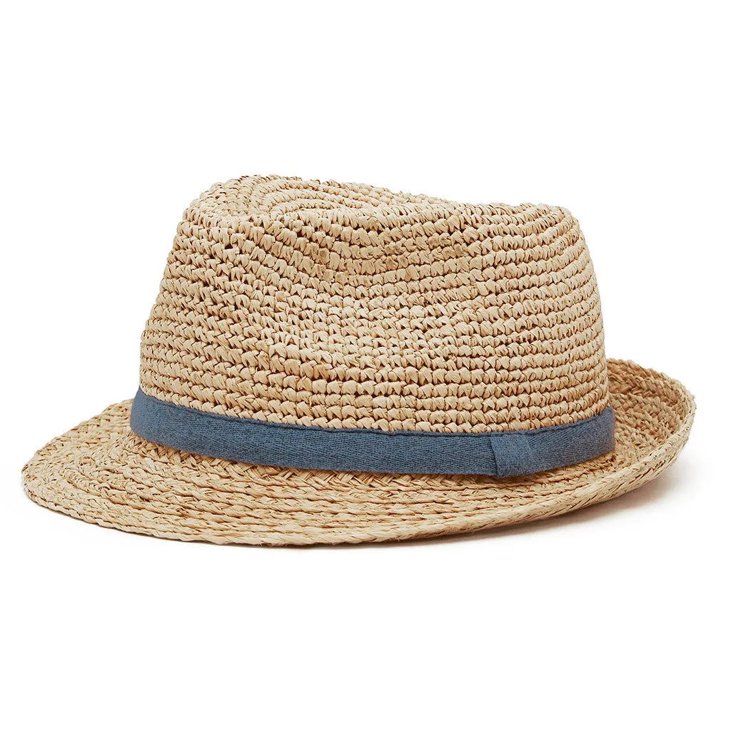 Fedora Hat - Raffia Straw with Blue Trim