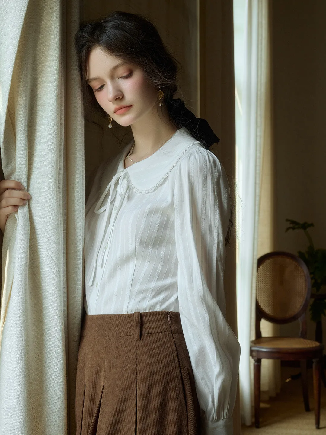 【Final Sale】Addilyn Romantic Doll Collar Lace Stitching Tie Eedwardian Style Blouse - Pink