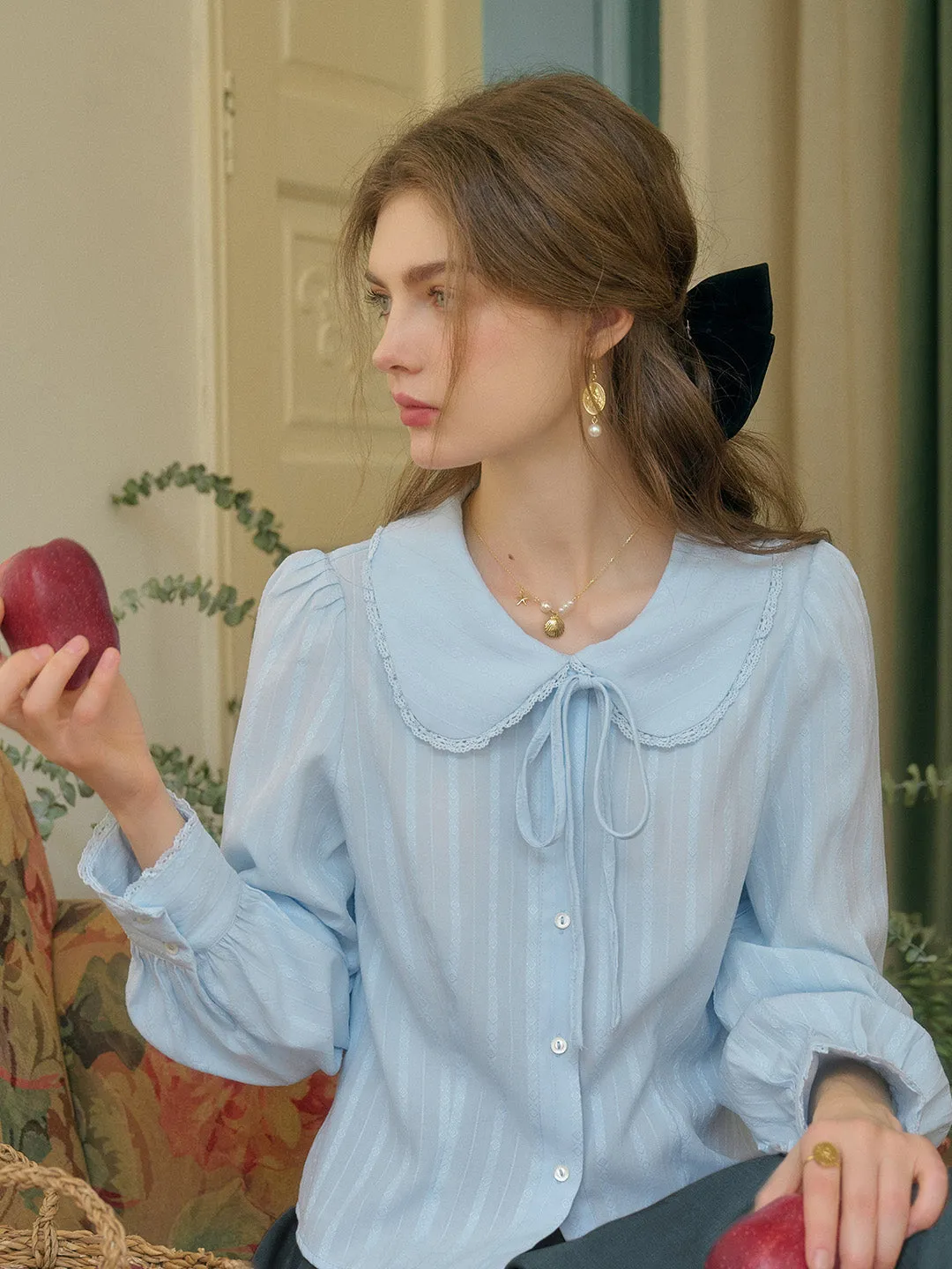 【Final Sale】Addilyn Romantic Doll Collar Lace Stitching Tie Eedwardian Style Blouse - Pink