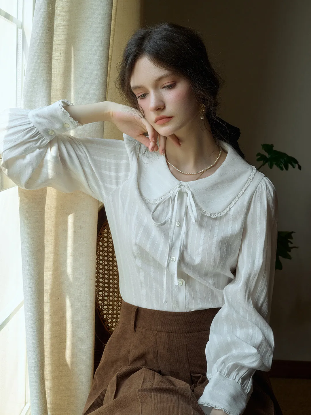 【Final Sale】Addilyn Romantic Doll Collar Lace Stitching Tie Eedwardian Style Blouse - Pink