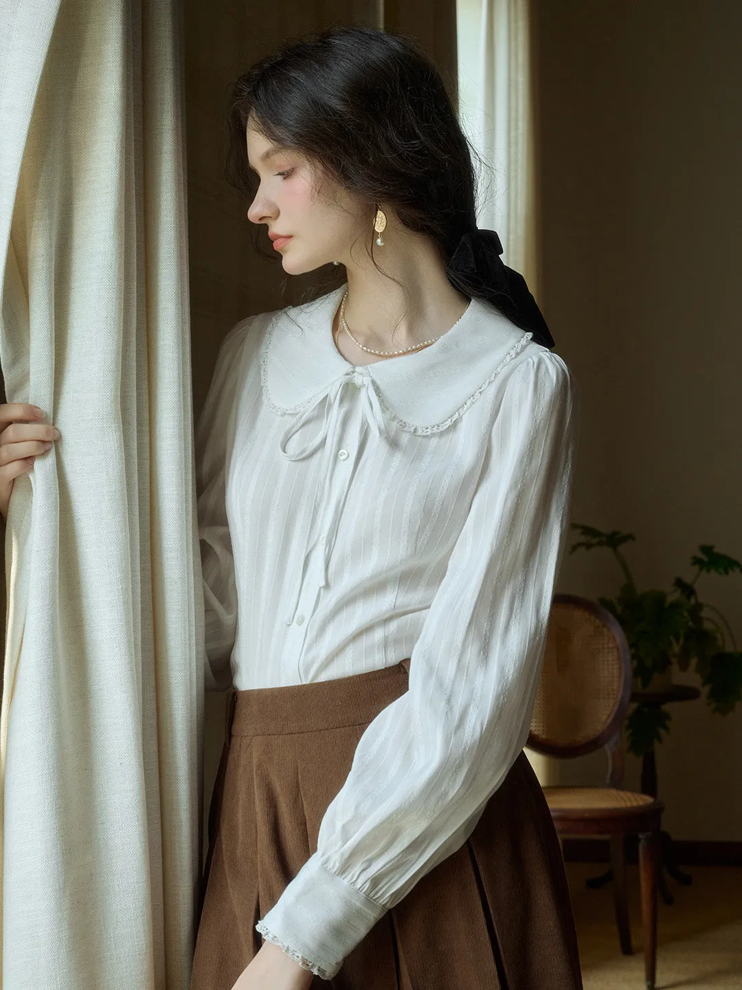 【Final Sale】Addilyn Romantic Doll Collar Lace Stitching Tie Eedwardian Style Blouse - Pink