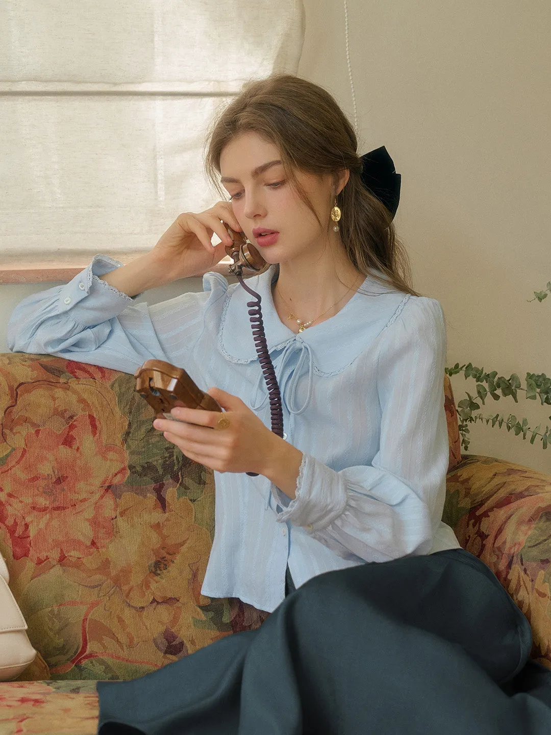 【Final Sale】Addilyn Romantic Doll Collar Lace Stitching Tie Eedwardian Style Blouse - Pink