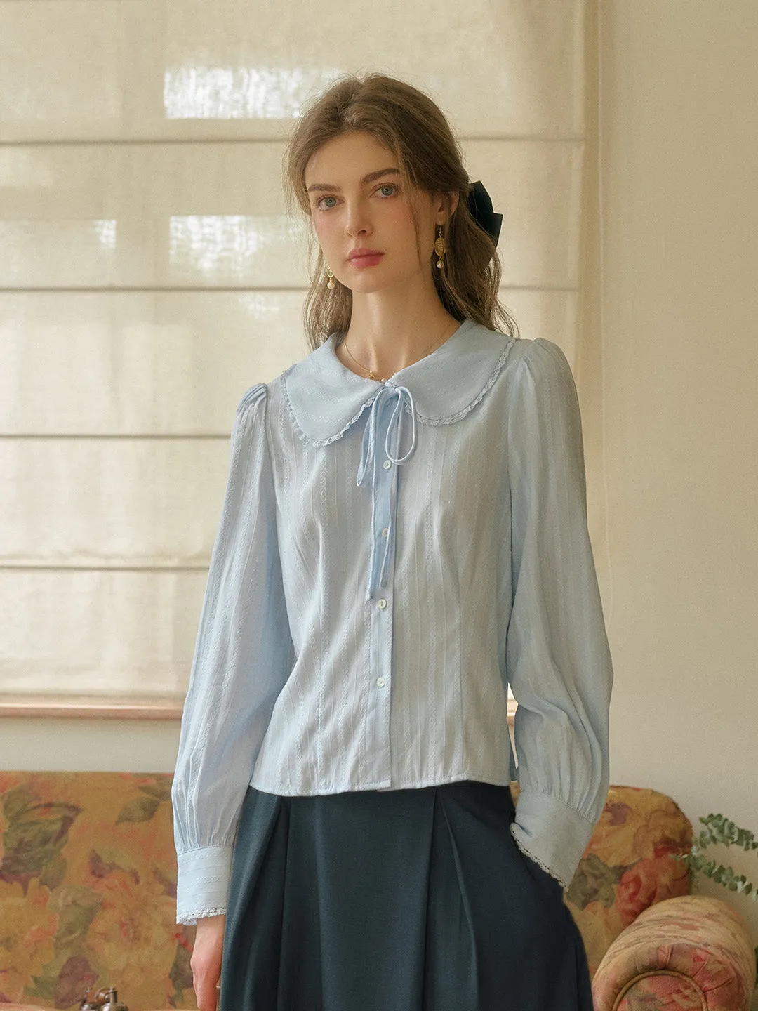 【Final Sale】Addilyn Romantic Doll Collar Lace Stitching Tie Eedwardian Style Blouse - Pink