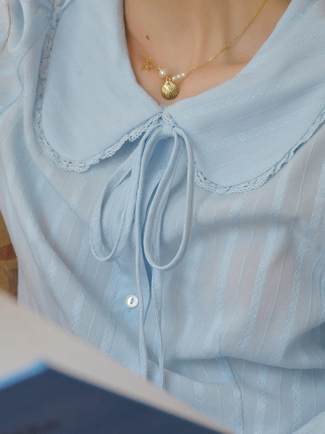 【Final Sale】Addilyn Romantic Doll Collar Lace Stitching Tie Eedwardian Style Blouse - Pink