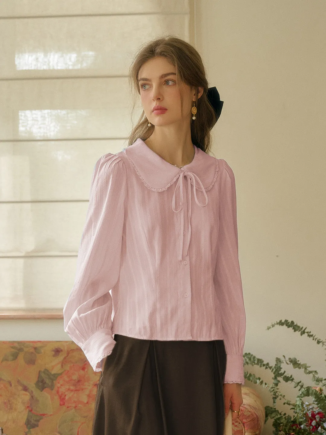 【Final Sale】Addilyn Romantic Doll Collar Lace Stitching Tie Eedwardian Style Blouse - Pink