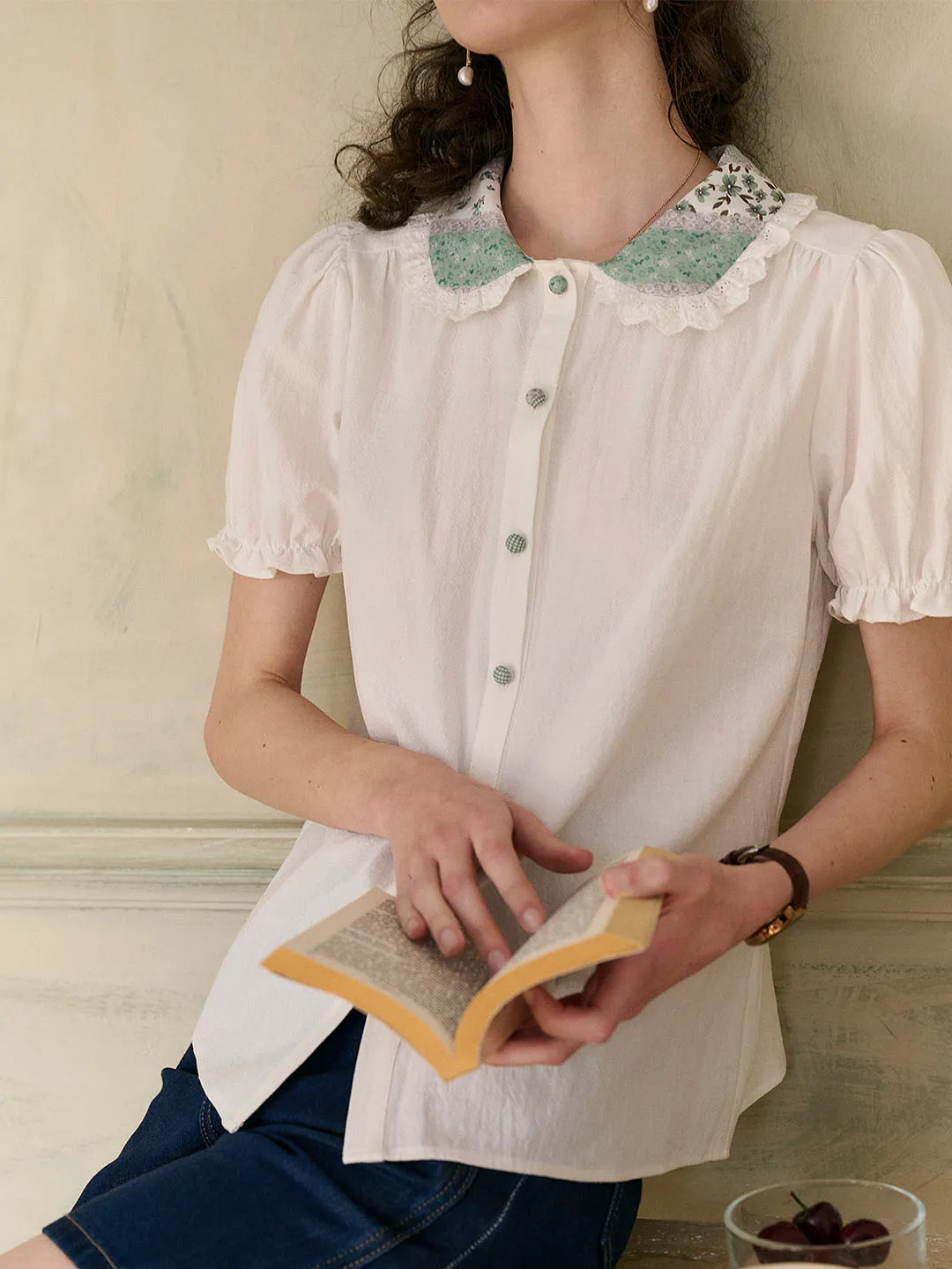 【Final Sale】Alondra Lace Floral Contrast Doll Collar Puff Sleeve Cotton Blouse