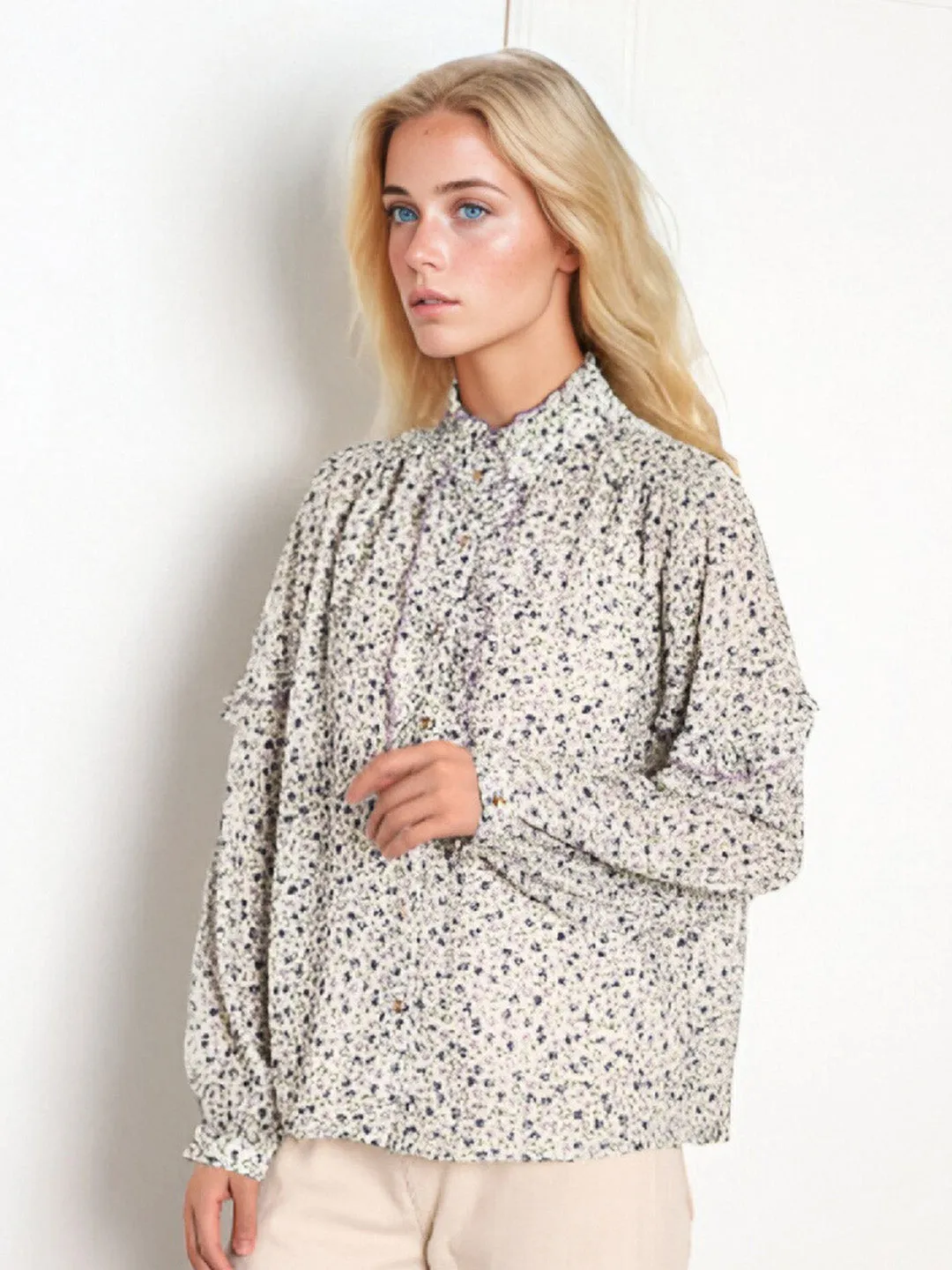 【Final Sale】Celia Stand-Up Collar Printing Collision Long-Sleeved Shirt