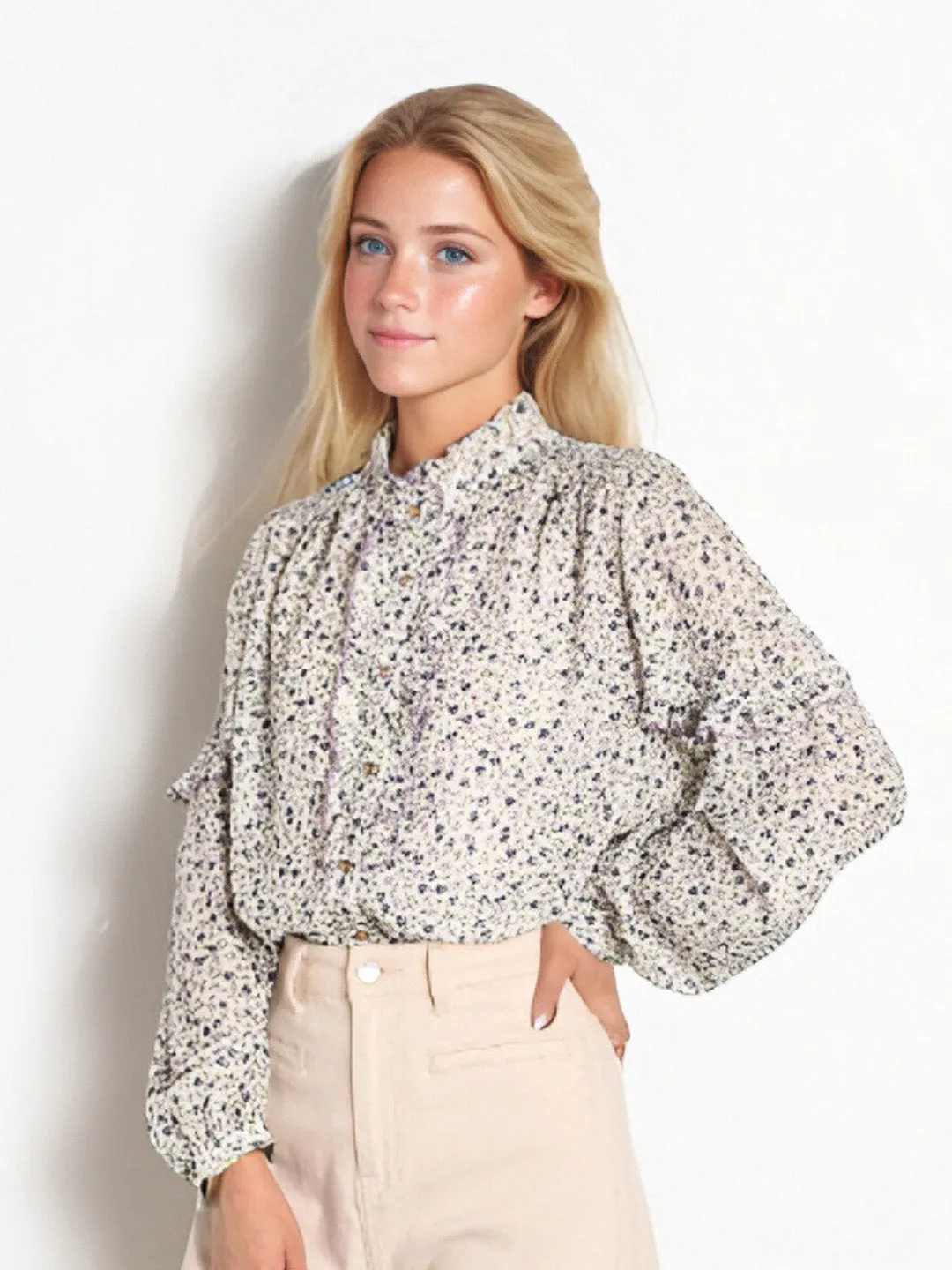 【Final Sale】Celia Stand-Up Collar Printing Collision Long-Sleeved Shirt