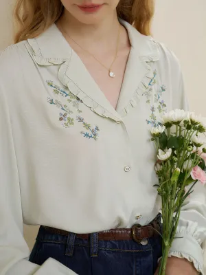 【Final Sale】Convallaria Floral Embroidered Light Green Puff Top