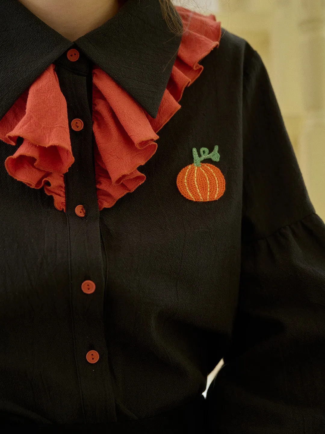 【Final Sale】Emryn Contrast Panels Pumpkin Halloween Shirt