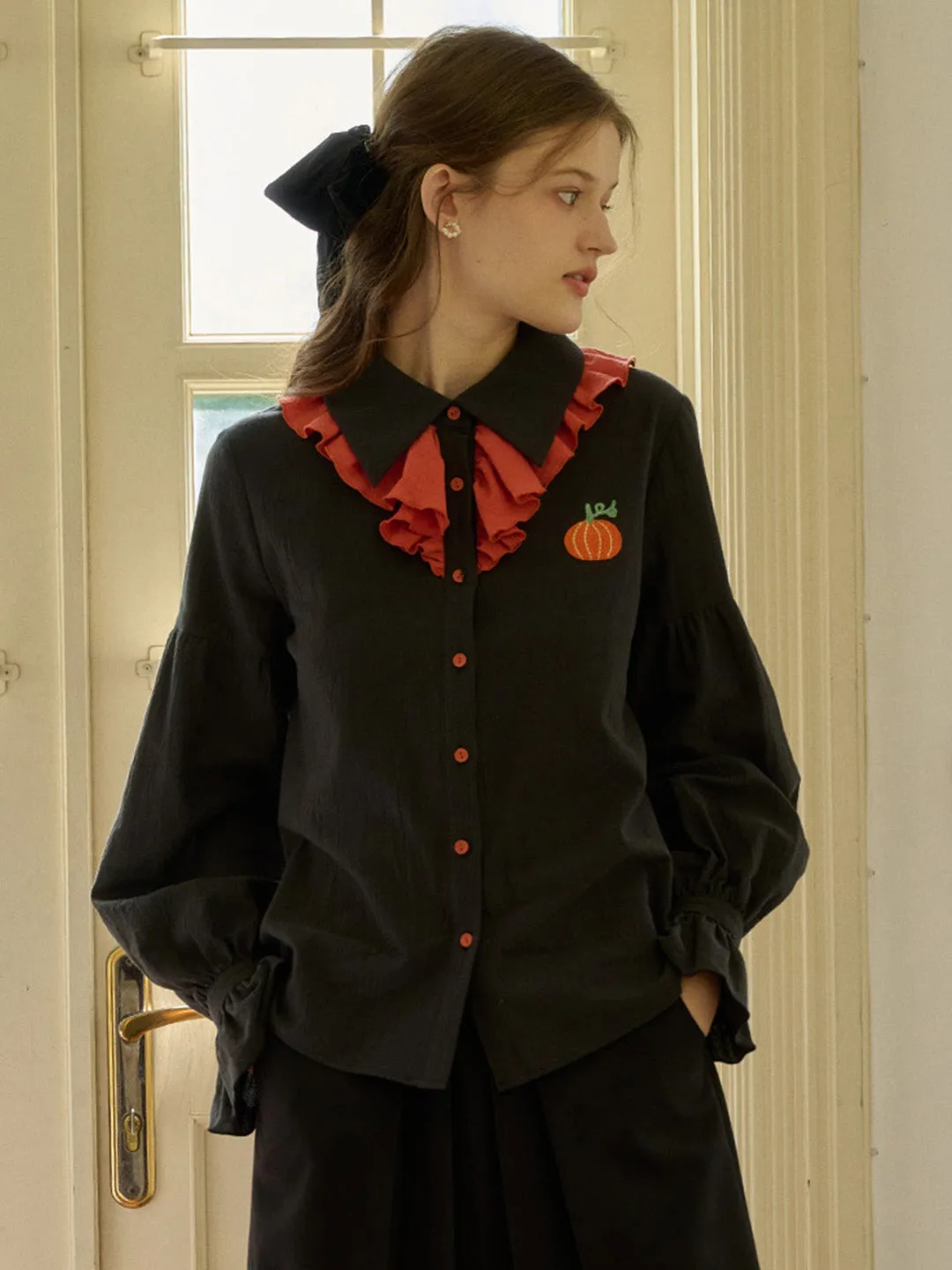 【Final Sale】Emryn Contrast Panels Pumpkin Halloween Shirt