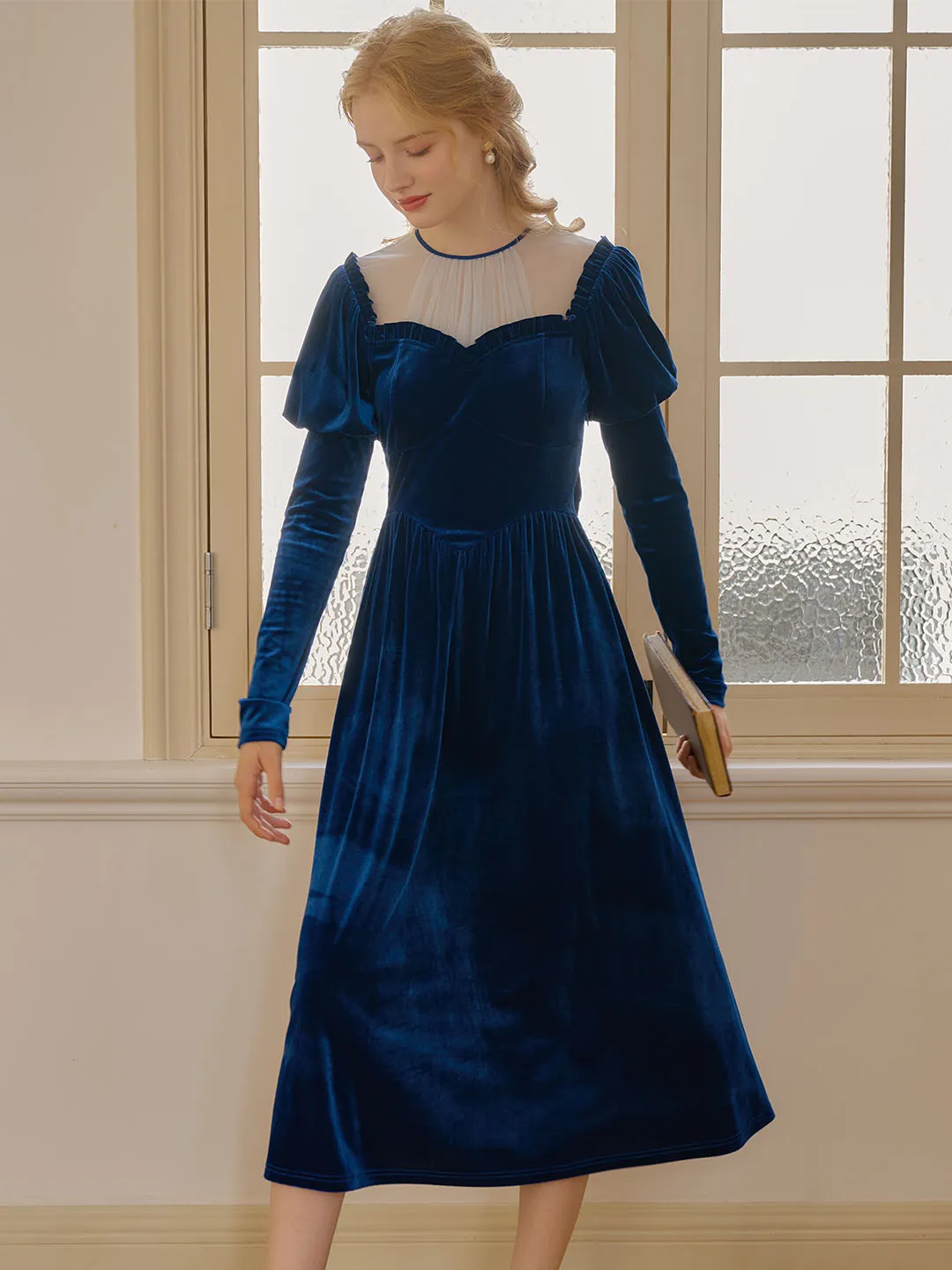 【Final Sale】Josie Contrast Mesh Gigot Sleeve Velvet Dress