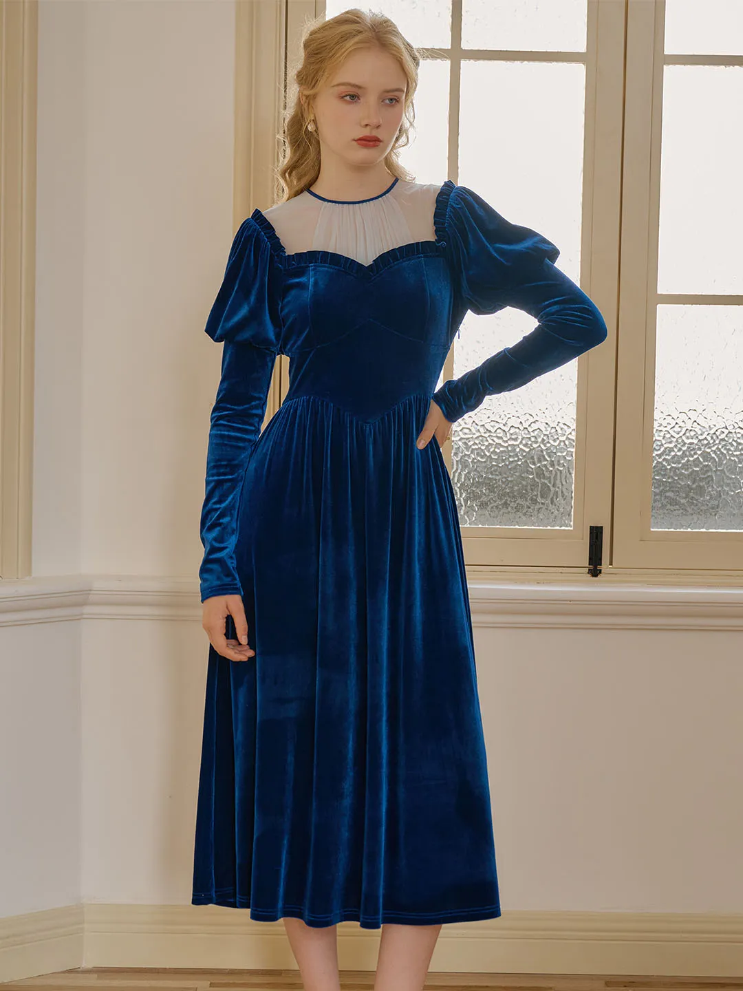 【Final Sale】Josie Contrast Mesh Gigot Sleeve Velvet Dress