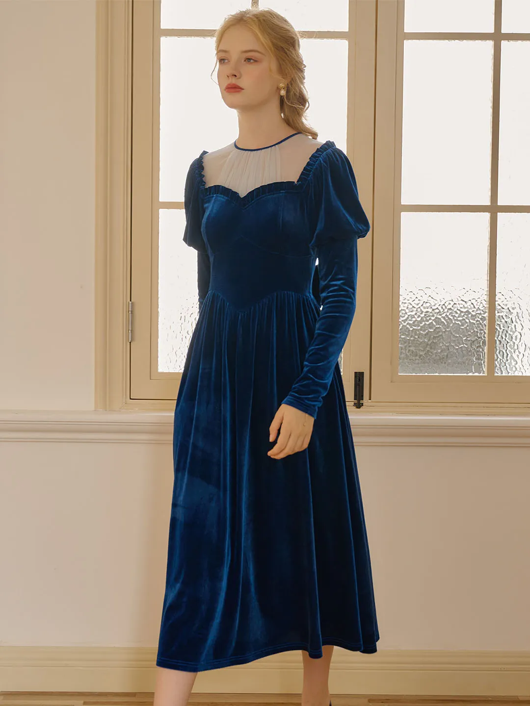 【Final Sale】Josie Contrast Mesh Gigot Sleeve Velvet Dress