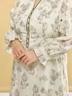 【Final Sale】Plus Size Lyric Printed Stand Collar Midi Dress
