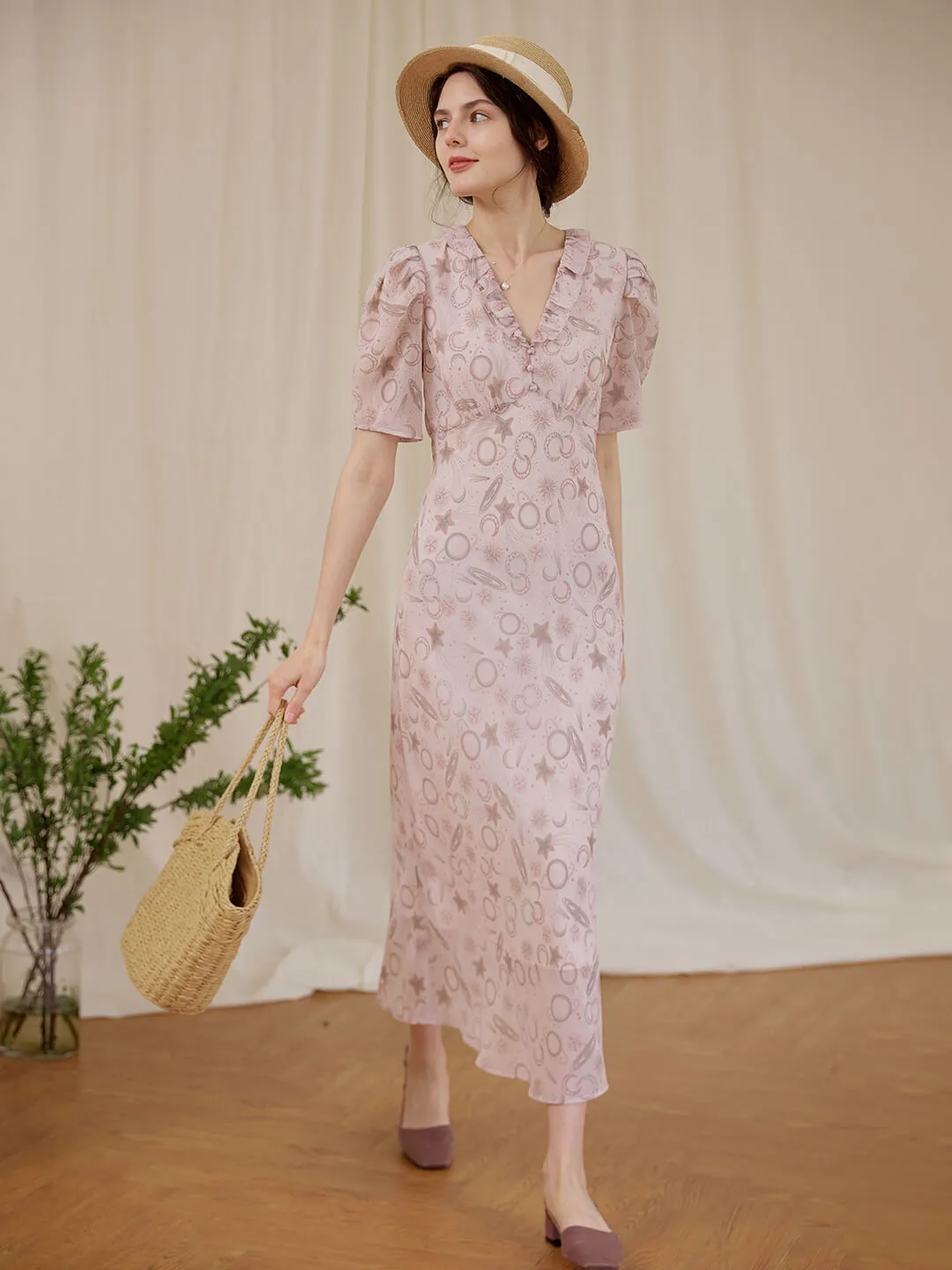 【Final Sale】Rylee Puff Short Sleeve Light Purple Printed Dress
