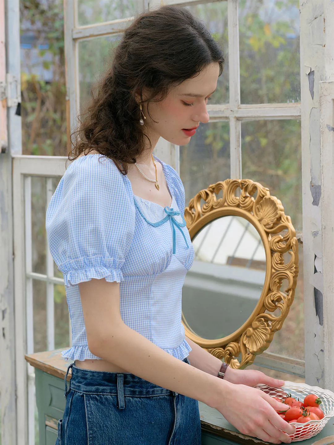 【Final Sale】Sylvie Tie Square Neck Contrasting Lace Bow Puff Sleeves Trim Plaid Blouse