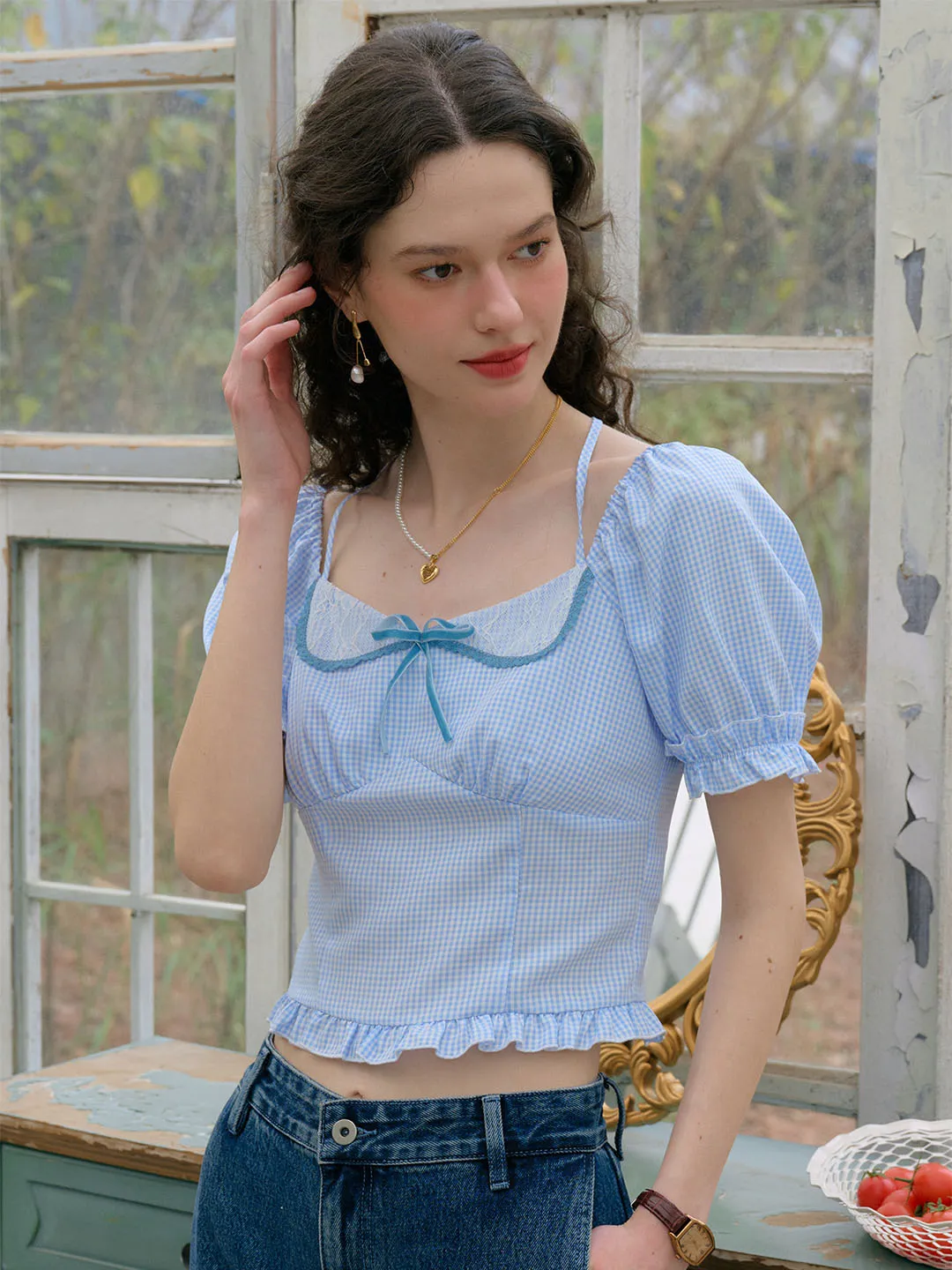 【Final Sale】Sylvie Tie Square Neck Contrasting Lace Bow Puff Sleeves Trim Plaid Blouse