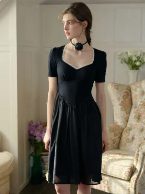 【Final Sale】Viviana Color Block Lace & Rhinestone-Studded Collar Dress (No Rose Choker)