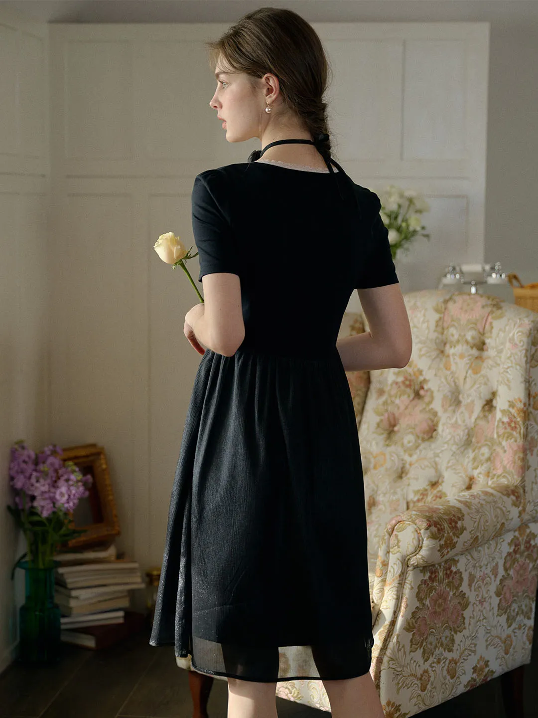 【Final Sale】Viviana Color Block Lace & Rhinestone-Studded Collar Dress (No Rose Choker)