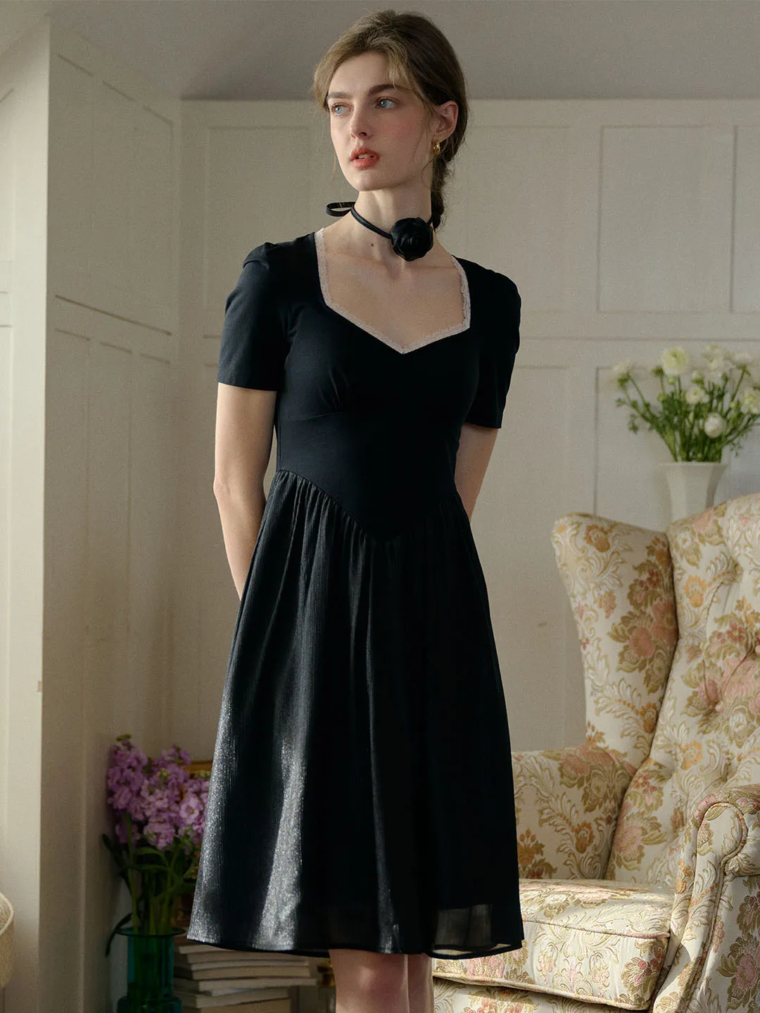 【Final Sale】Viviana Color Block Lace & Rhinestone-Studded Collar Dress (No Rose Choker)