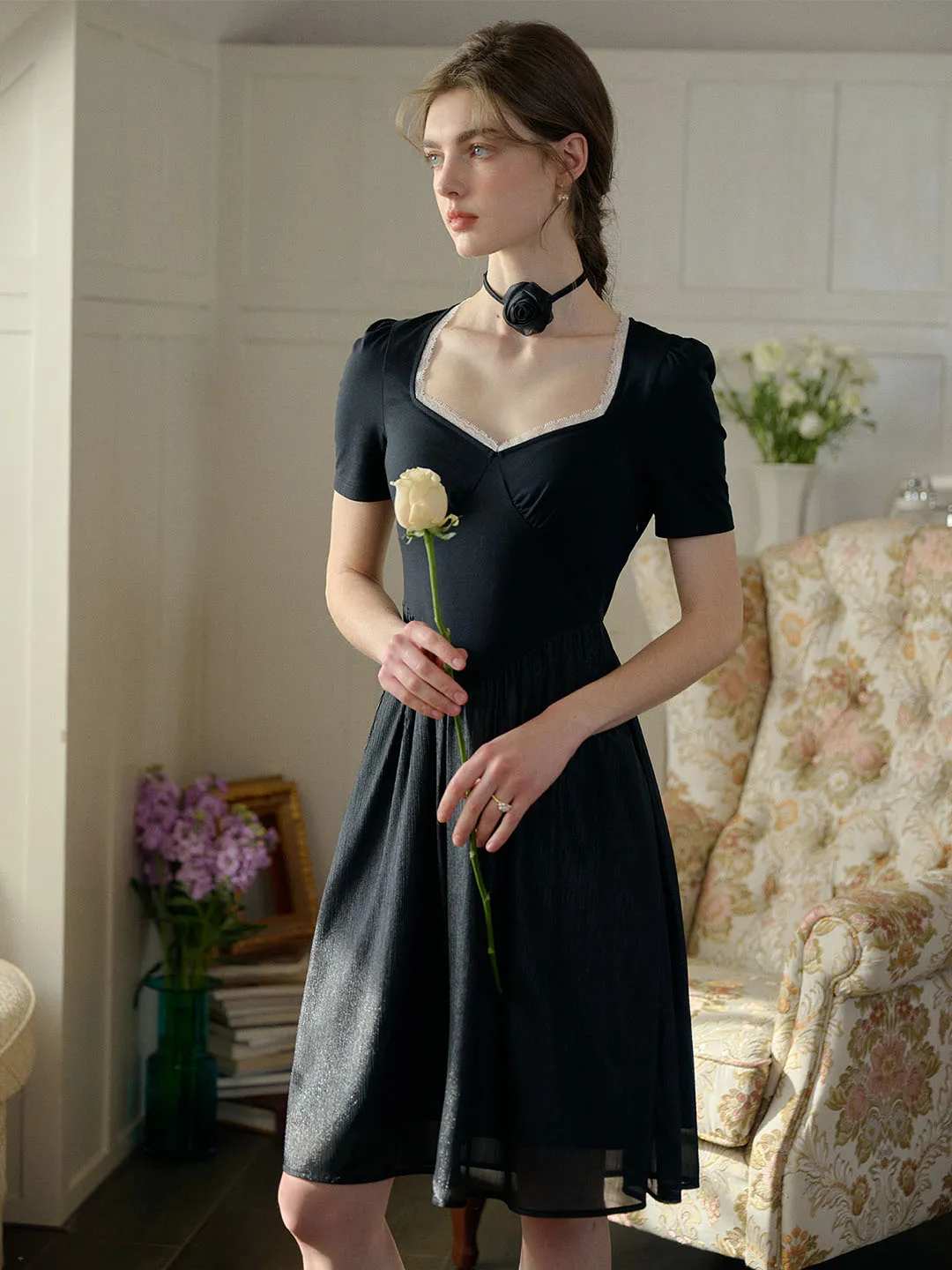 【Final Sale】Viviana Color Block Lace & Rhinestone-Studded Collar Dress (No Rose Choker)