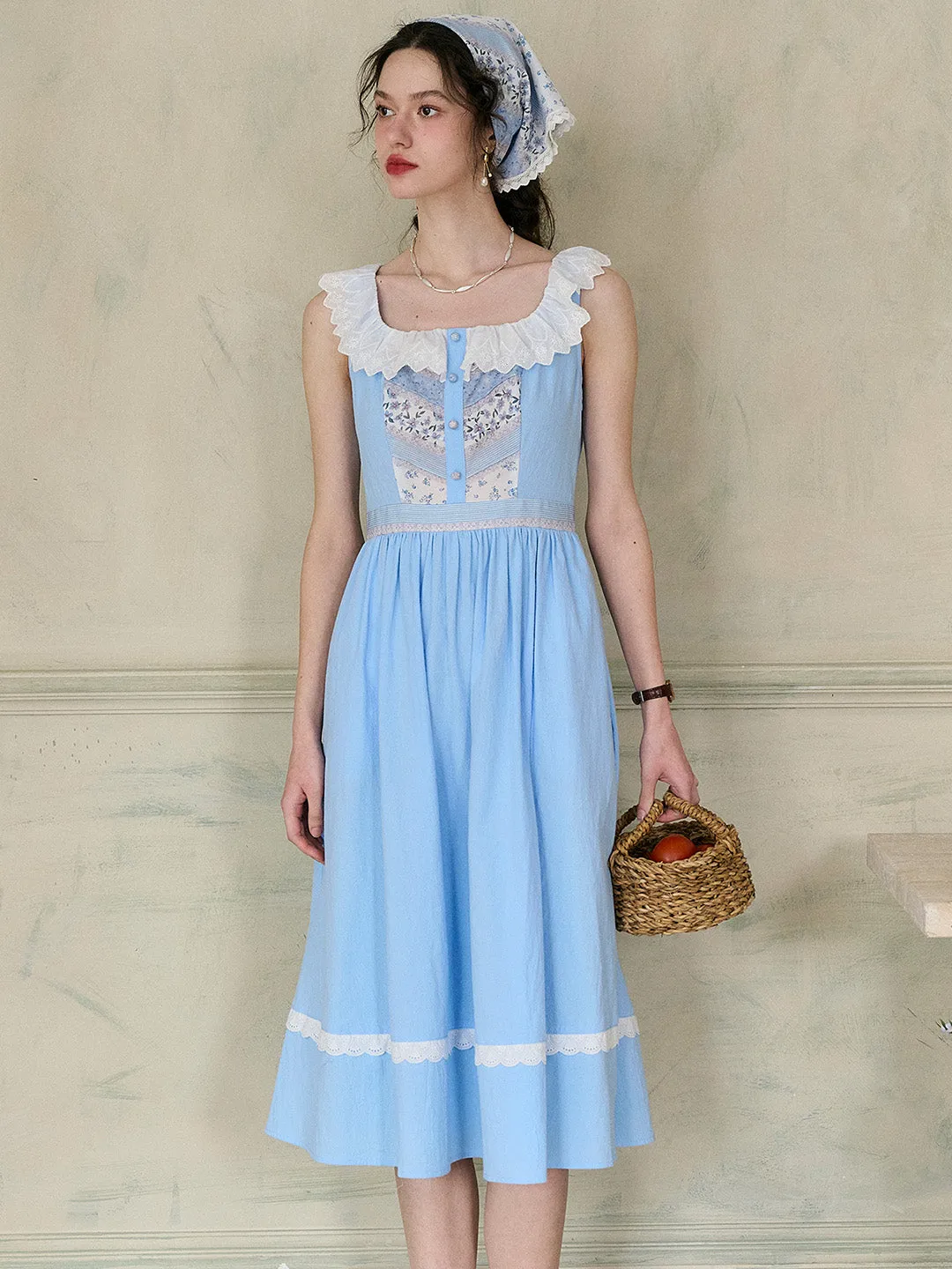 【Final Sale】Yamileth Square Collar A-Line Contrasting Floral Sleeveless Cotton Dress