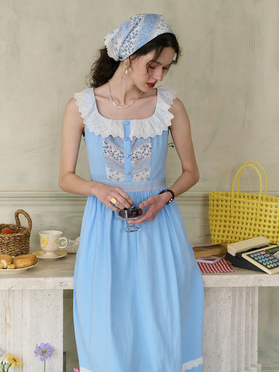 【Final Sale】Yamileth Square Collar A-Line Contrasting Floral Sleeveless Cotton Dress