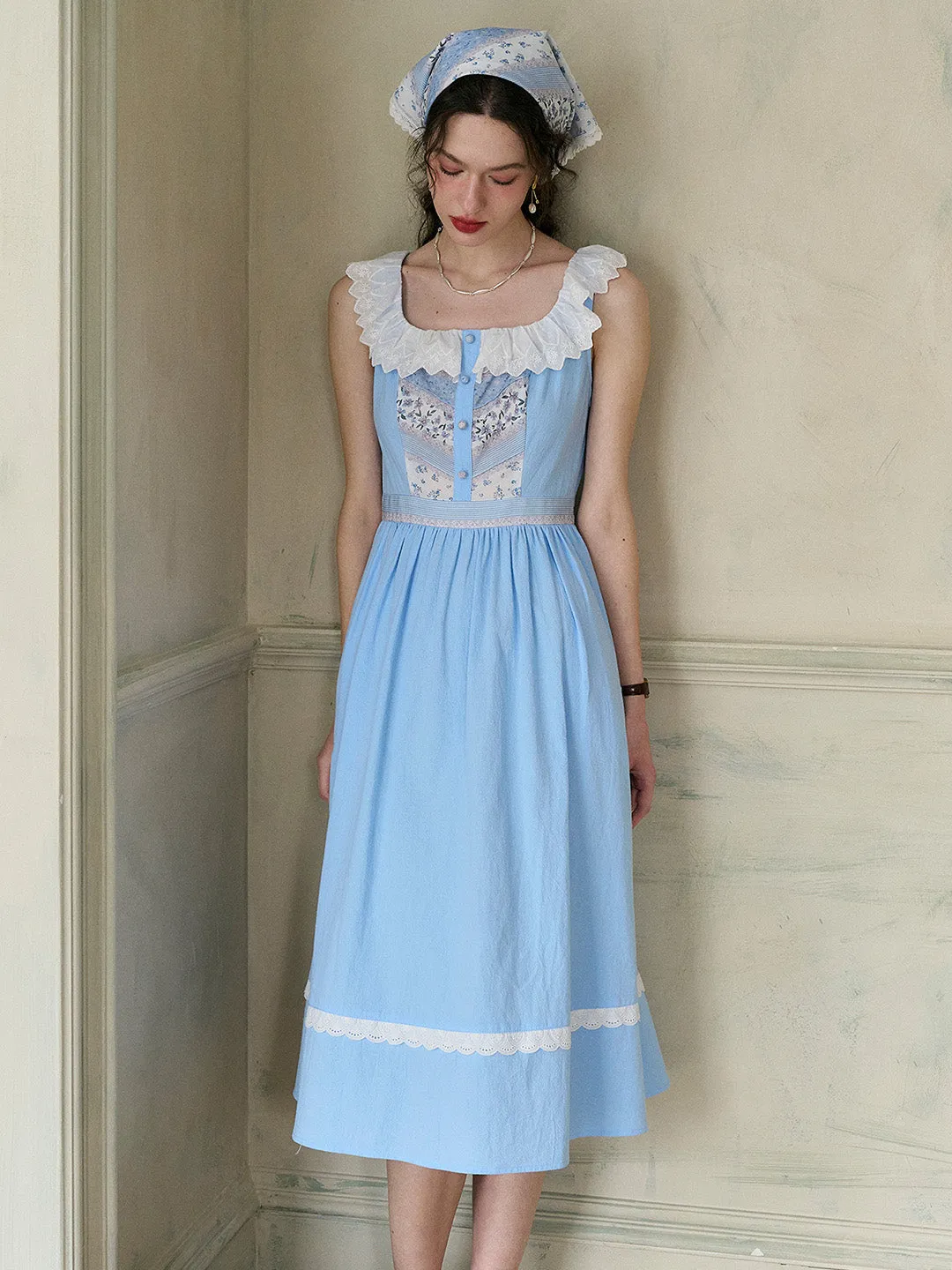 【Final Sale】Yamileth Square Collar A-Line Contrasting Floral Sleeveless Cotton Dress