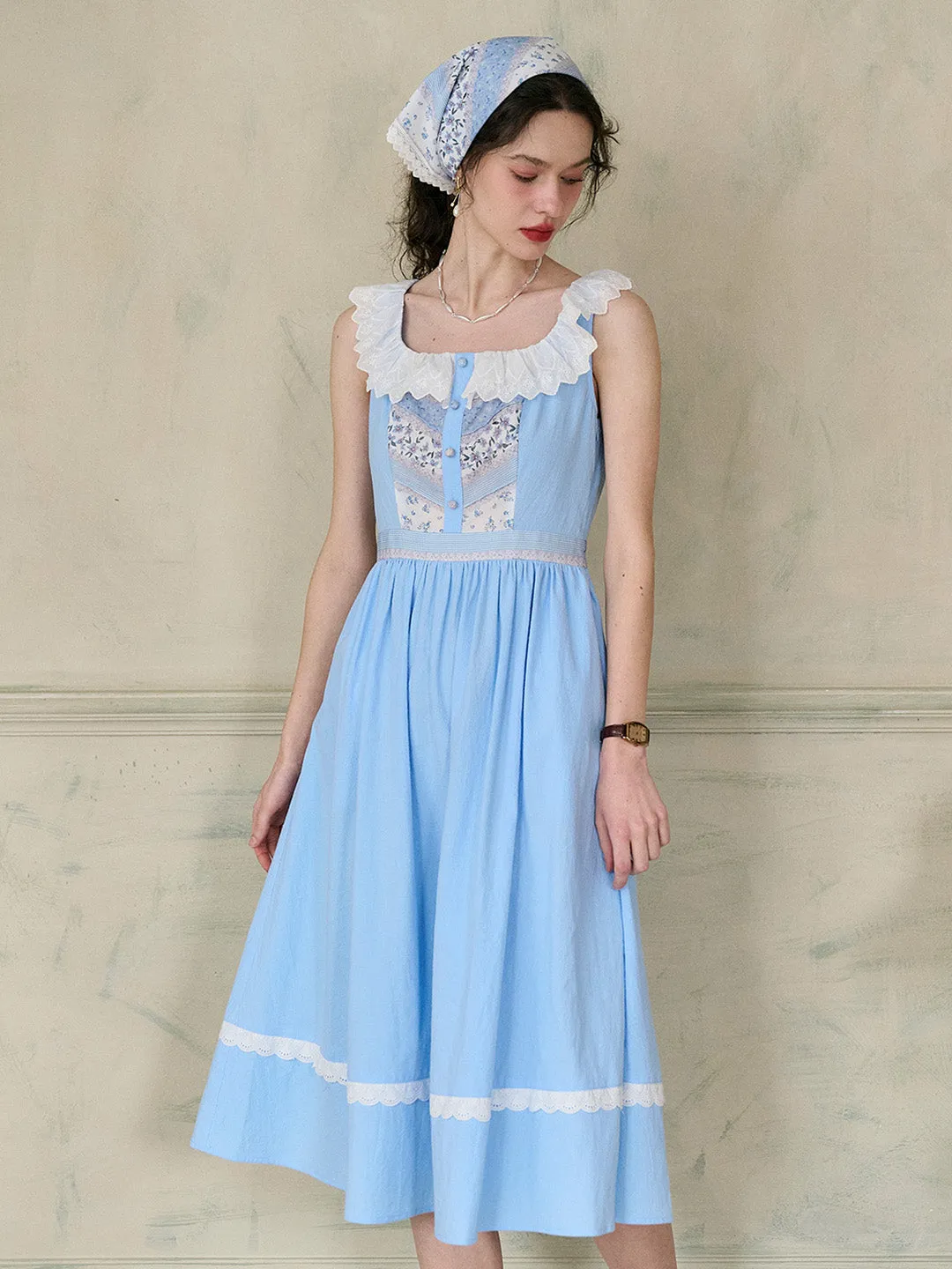 【Final Sale】Yamileth Square Collar A-Line Contrasting Floral Sleeveless Cotton Dress