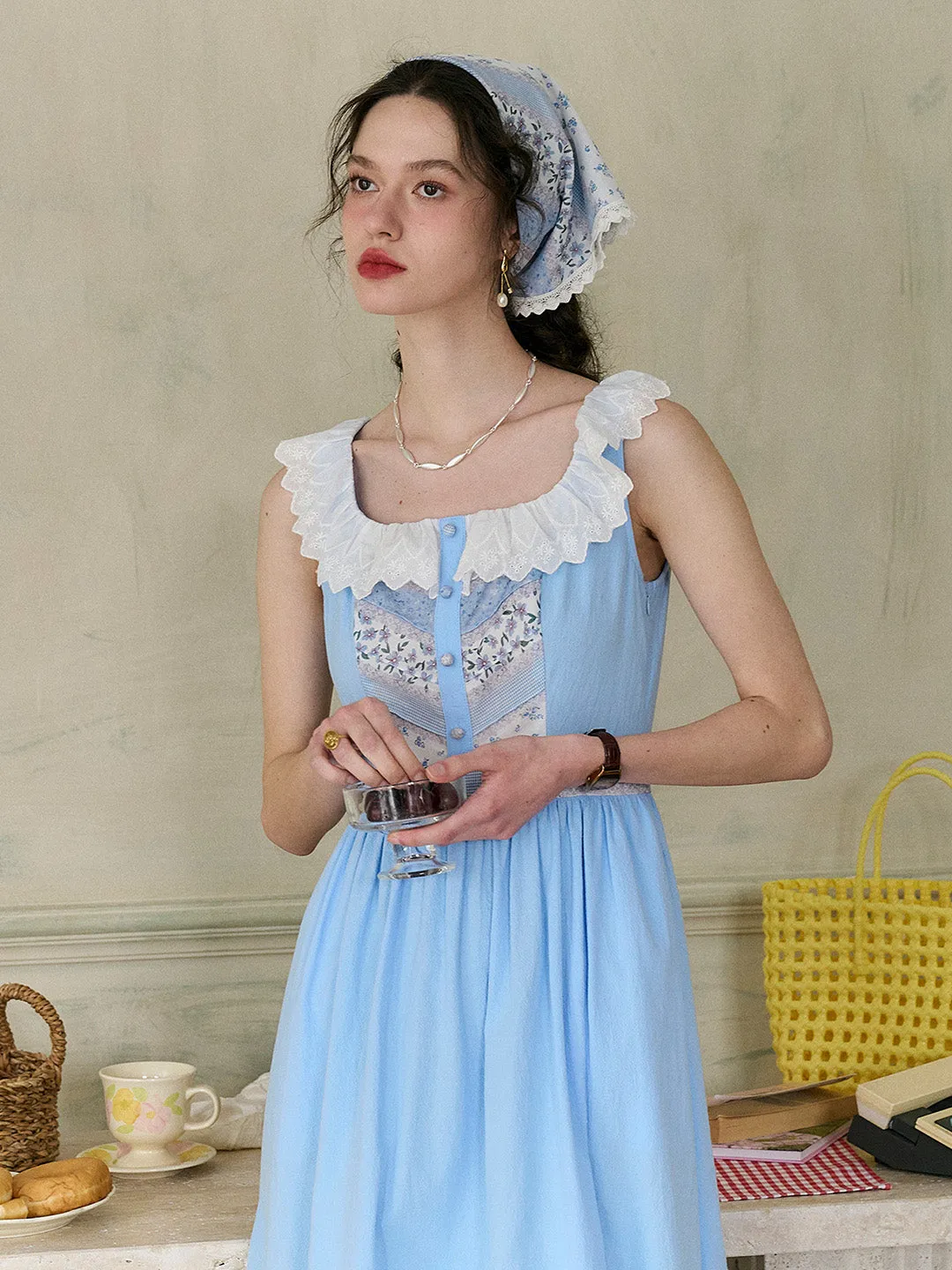 【Final Sale】Yamileth Square Collar A-Line Contrasting Floral Sleeveless Cotton Dress