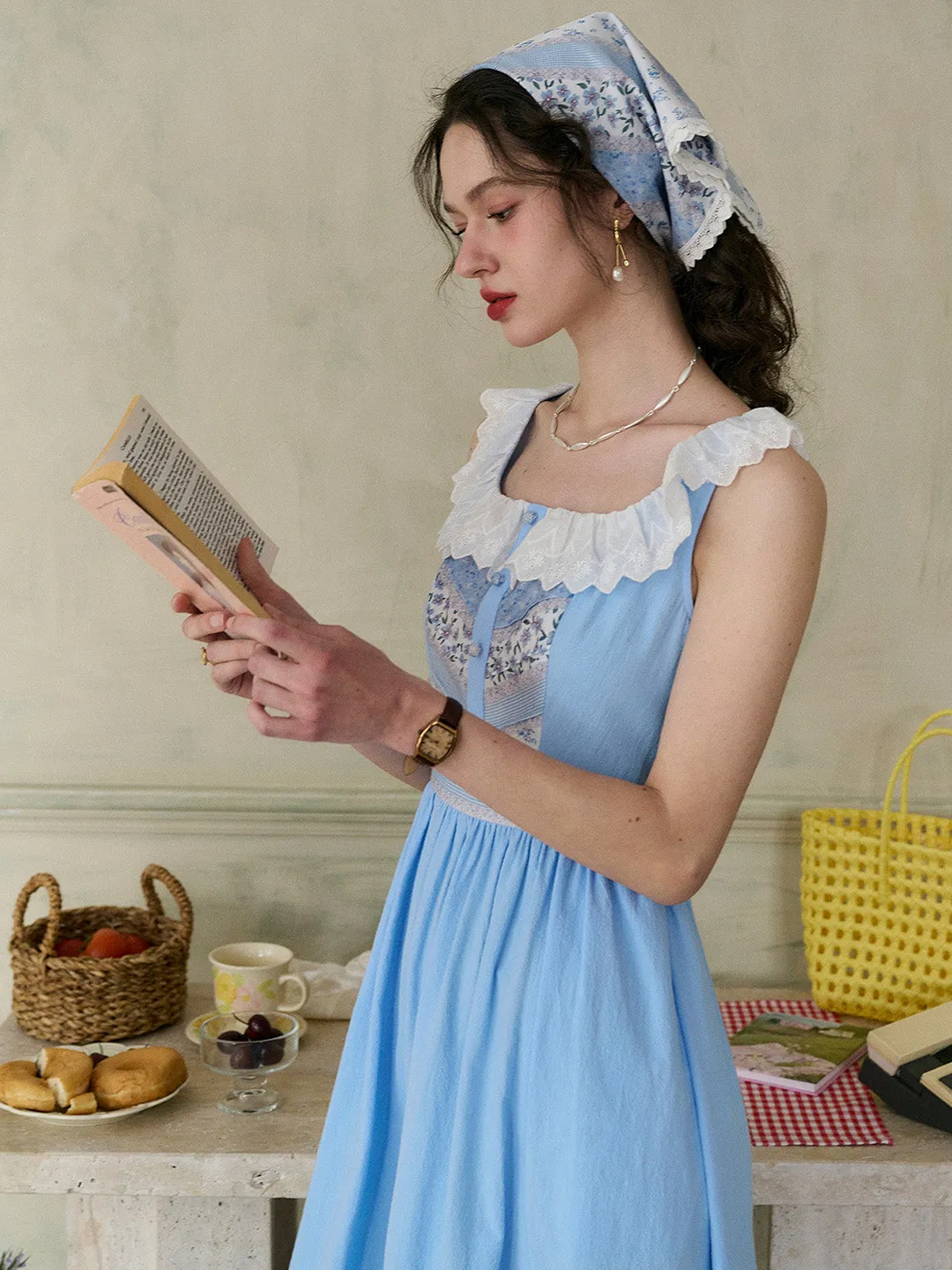 【Final Sale】Yamileth Square Collar A-Line Contrasting Floral Sleeveless Cotton Dress