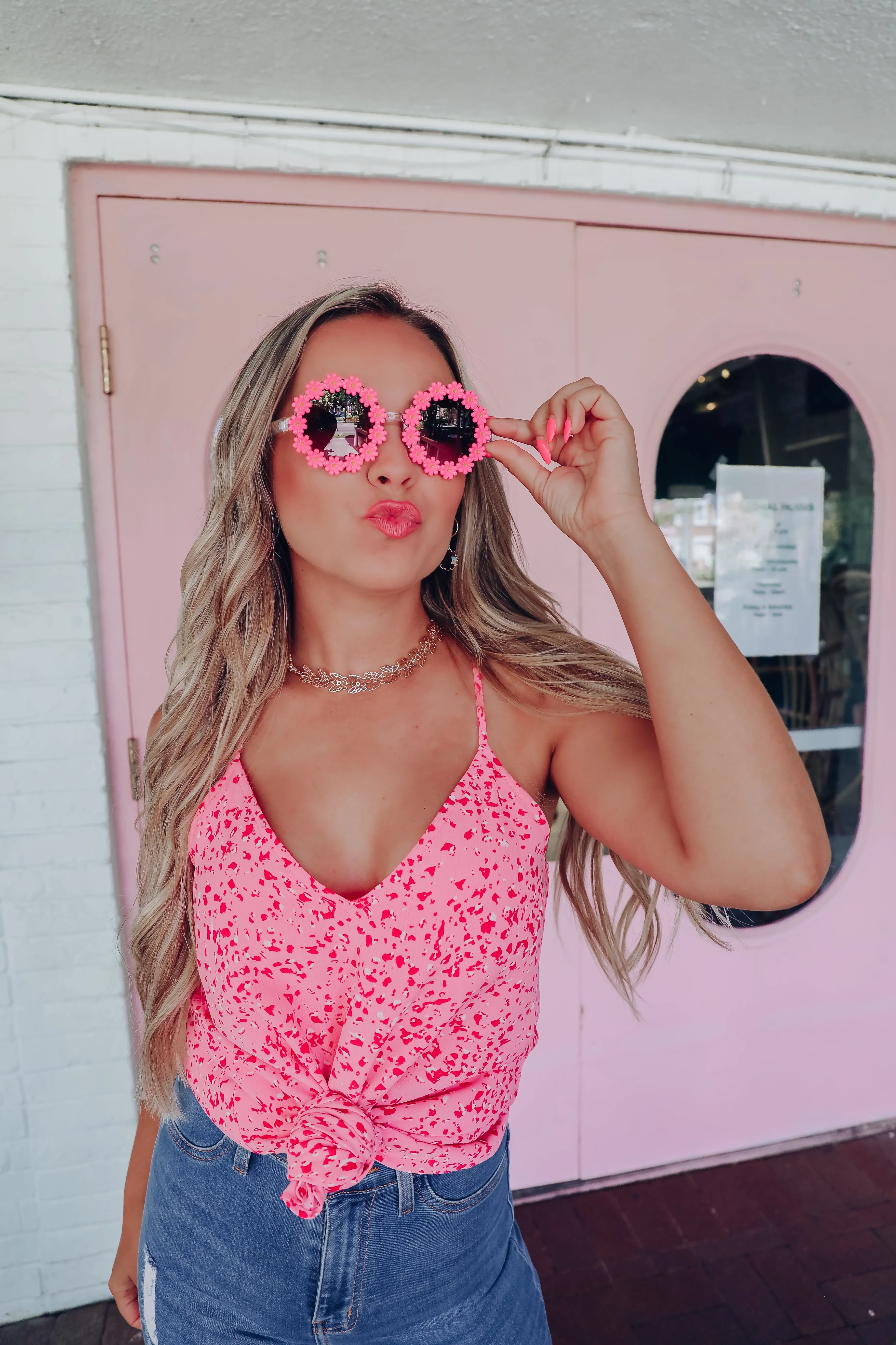 Flower Retro Round Sunglasses - Dark Pink