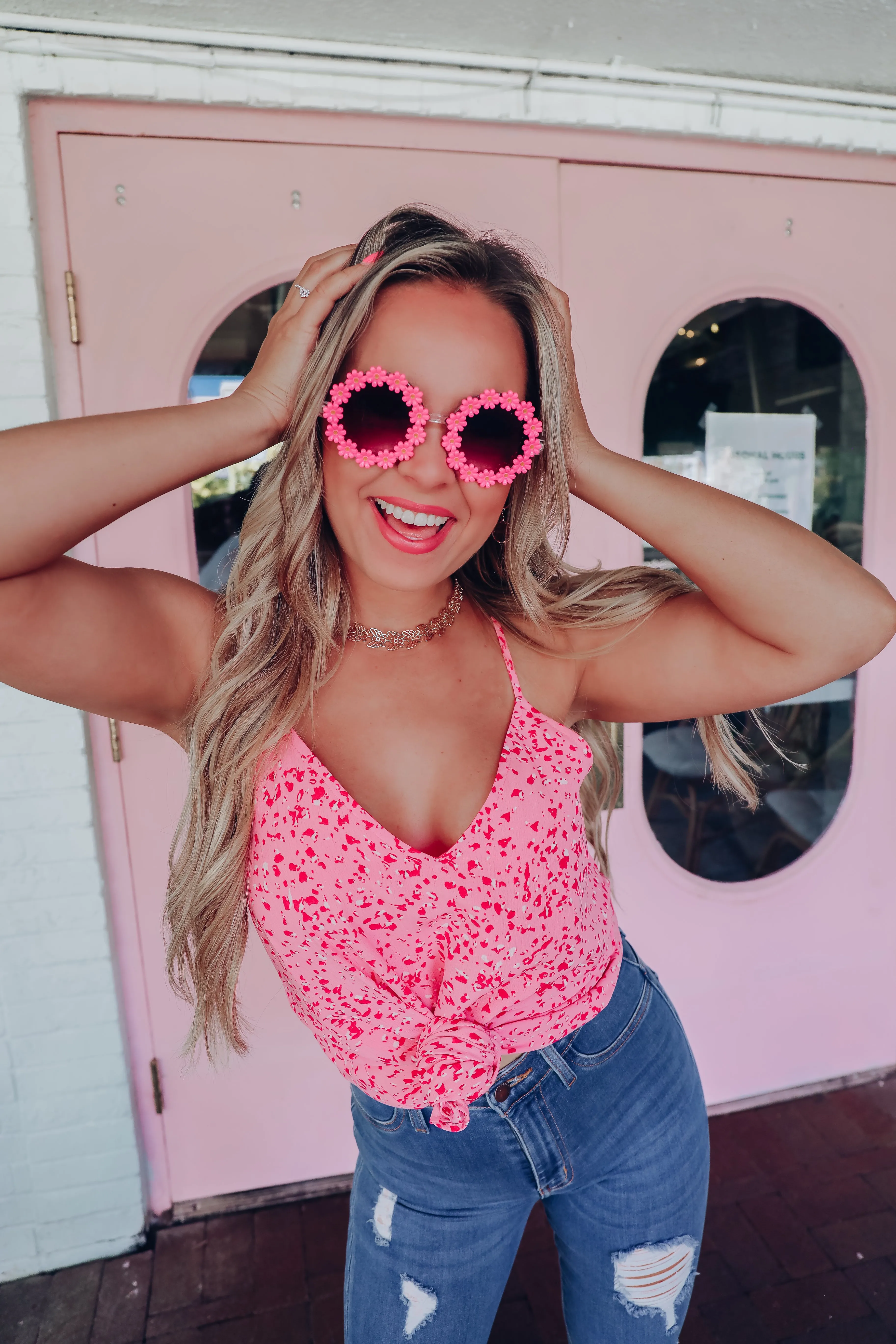Flower Retro Round Sunglasses - Dark Pink