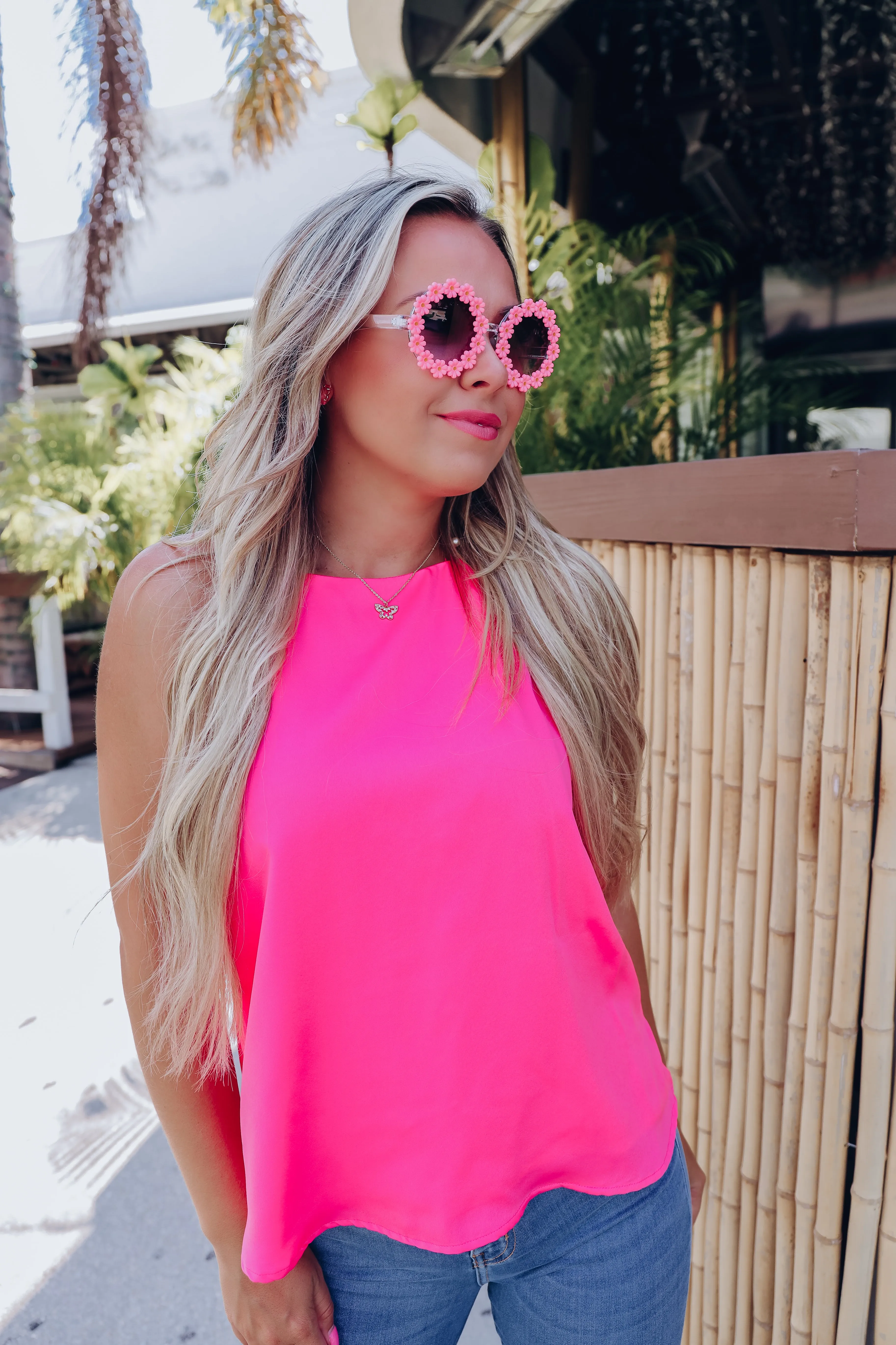 Flower Retro Round Sunglasses - Light Pink