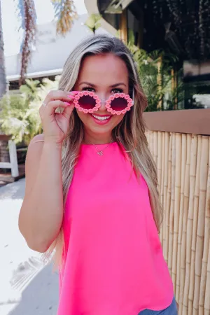 Flower Retro Round Sunglasses - Light Pink