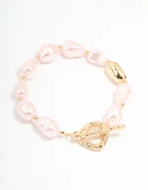 Gold Irregular Pink Pearl Textured T & O Bracelet