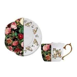 Gold Plated Retro Tigers and Rose Mug and Plate Set