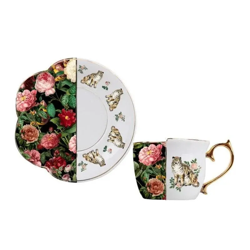 Gold Plated Retro Tigers and Rose Mug and Plate Set