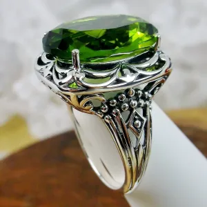 Green Peridot Ring, Oval Gemstone, Retro Swirl Filigree, Art Deco Vintage Jewelry, D119