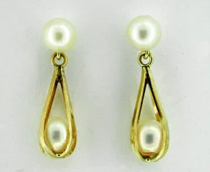 Hanging Basket Drop Pearl Estate Earrings in 14 Karat Gold