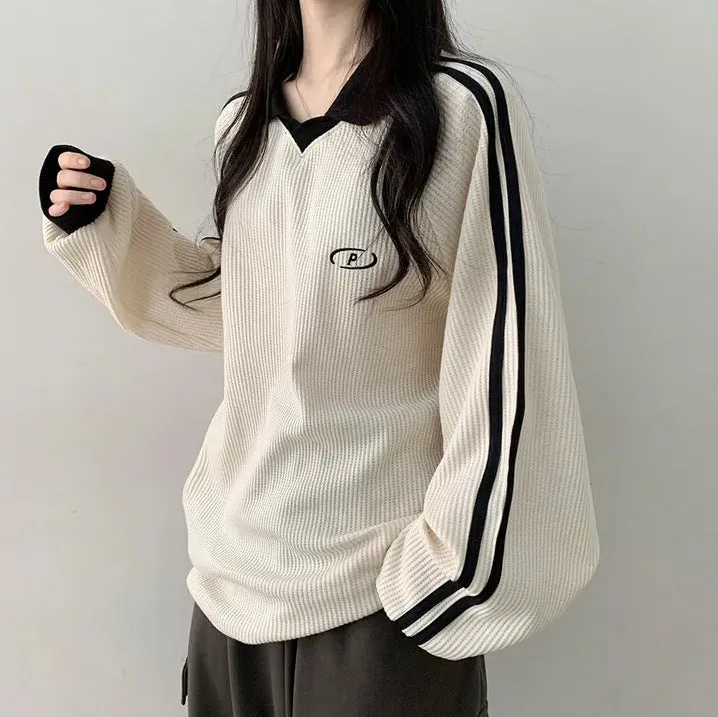 IKEARLAXManufacturer black waffle Korean version polo collar retro popular new spring and autumn winter trendy brand thin velvet guard