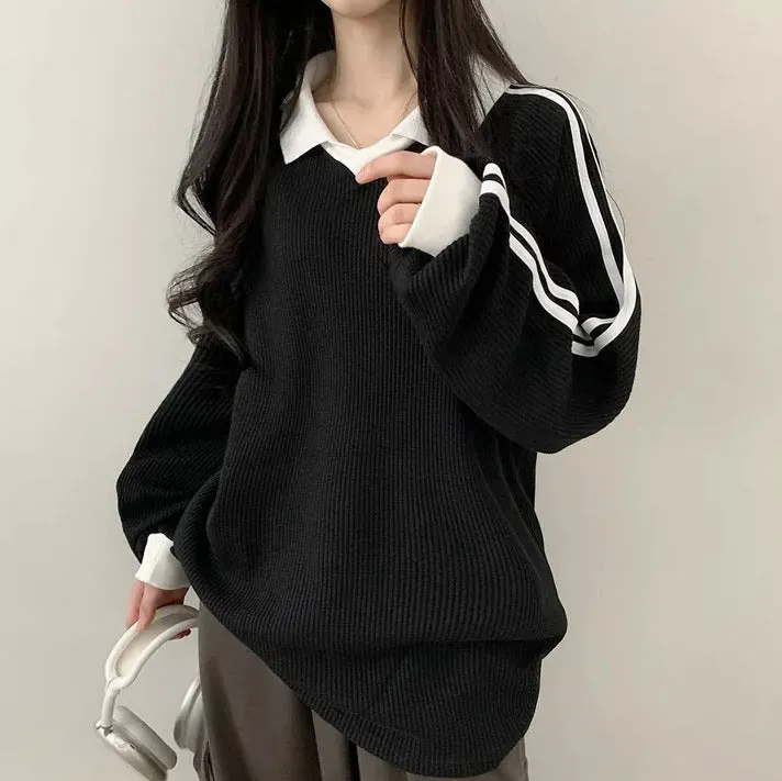 IKEARLAXManufacturer black waffle Korean version polo collar retro popular new spring and autumn winter trendy brand thin velvet guard