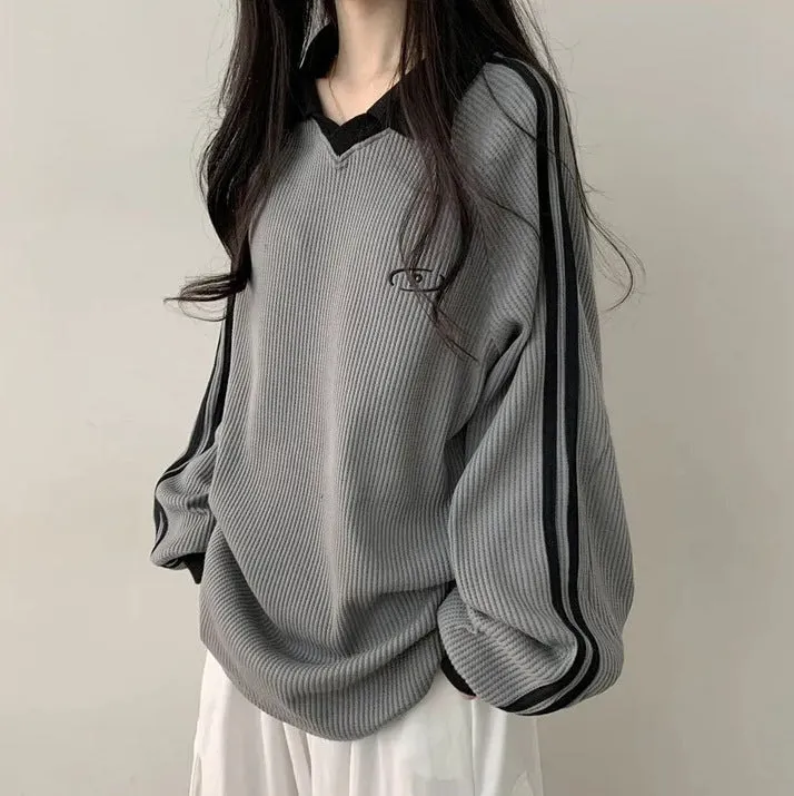 IKEARLAXManufacturer black waffle Korean version polo collar retro popular new spring and autumn winter trendy brand thin velvet guard