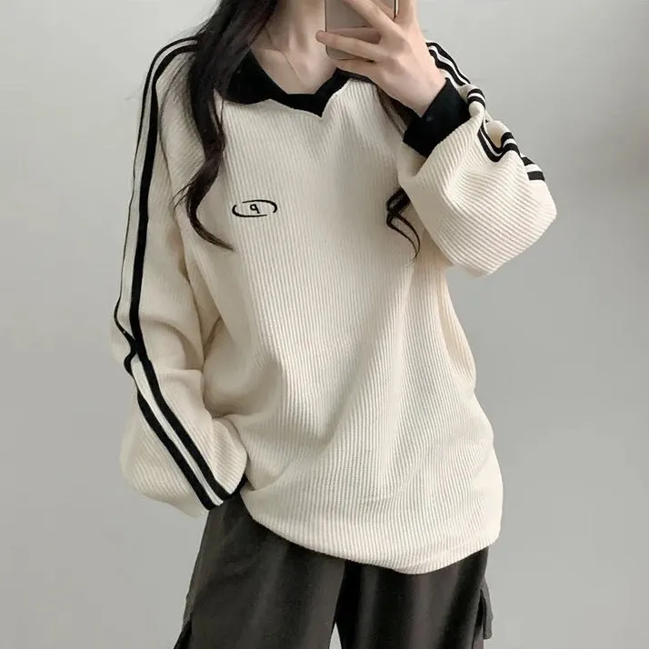 IKEARLAXManufacturer black waffle Korean version polo collar retro popular new spring and autumn winter trendy brand thin velvet guard