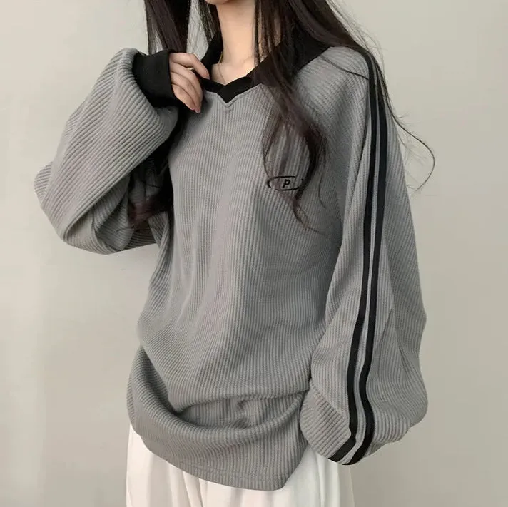 IKEARLAXManufacturer black waffle Korean version polo collar retro popular new spring and autumn winter trendy brand thin velvet guard
