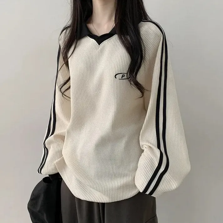 IKEARLAXManufacturer black waffle Korean version polo collar retro popular new spring and autumn winter trendy brand thin velvet guard